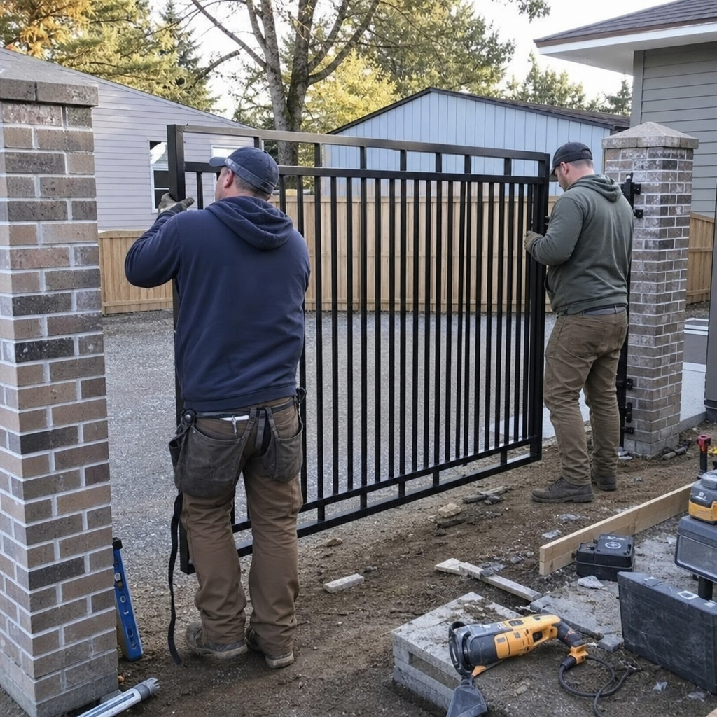 Two professional contractors installing a custom black metal security gate.