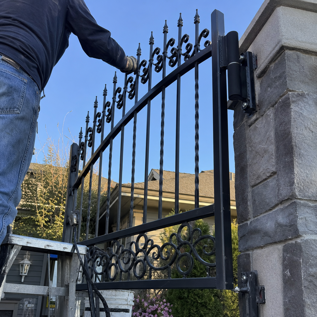 A professional installer adjusting a decorative black metal gate