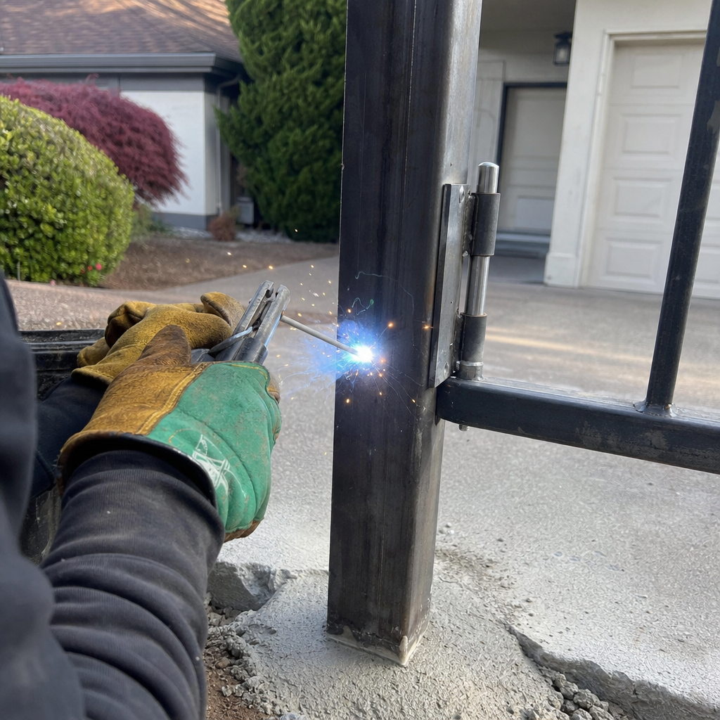 professional welding a gate hinge onto a metal post