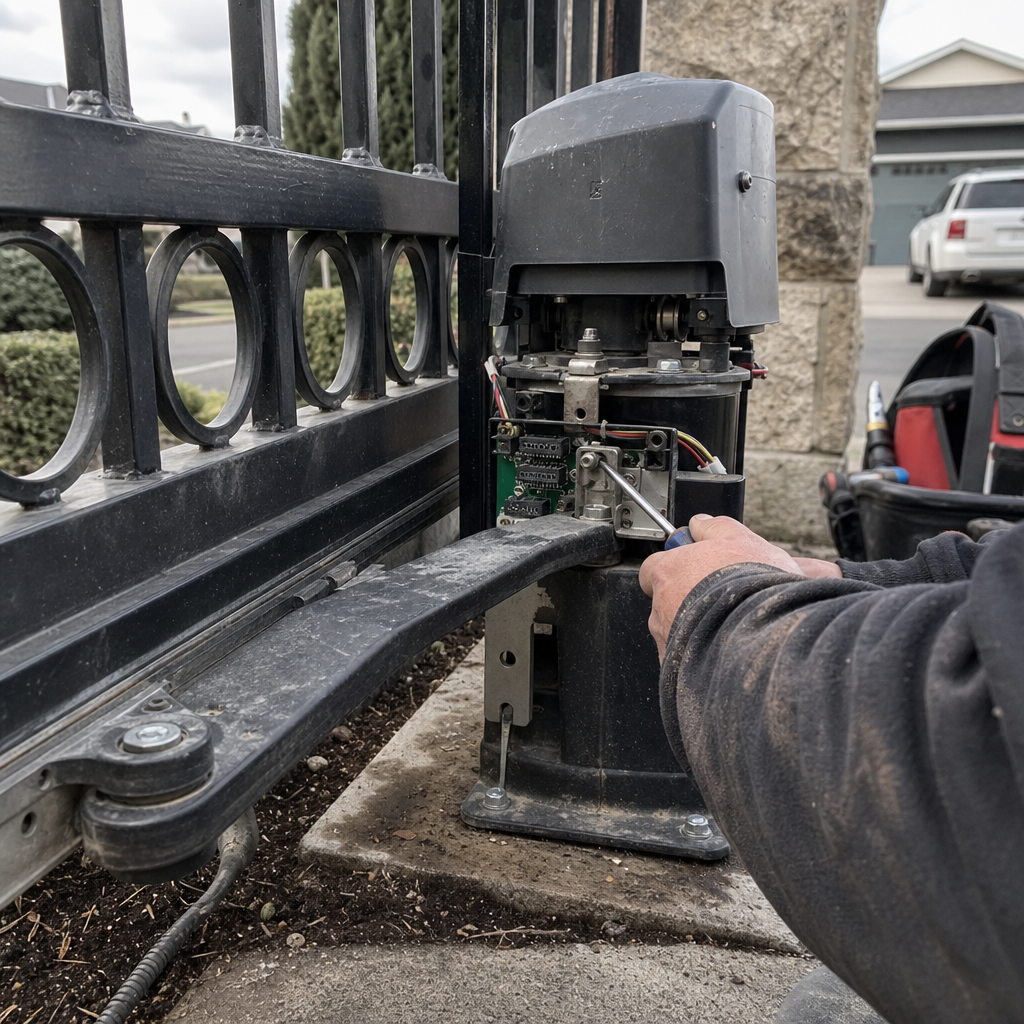 Technician performing professional automatic gate motor and opener repair.