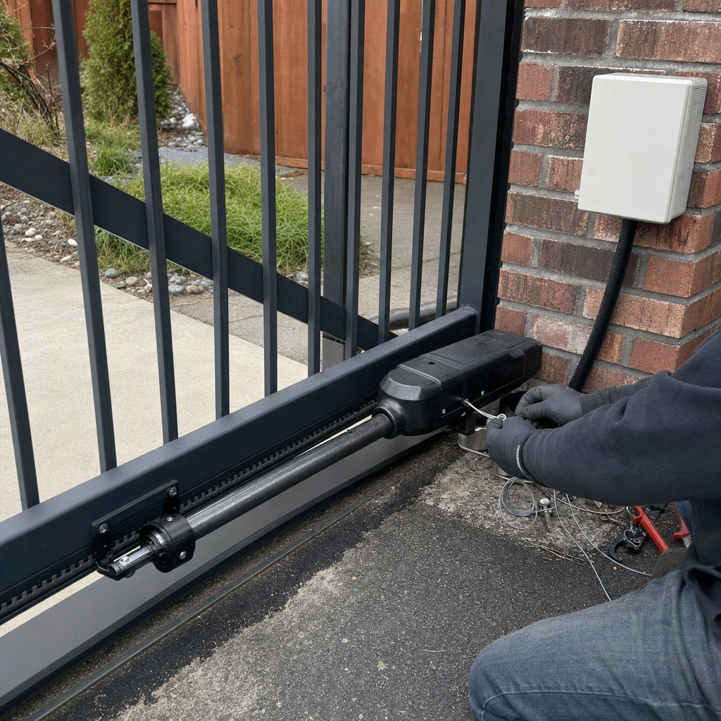 Technician performing professional gate motor and opener repair on metal gate