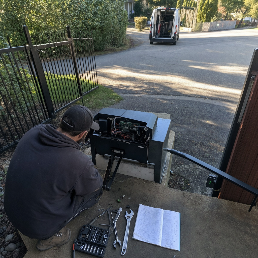 Technician performing gate motor and opener repair service