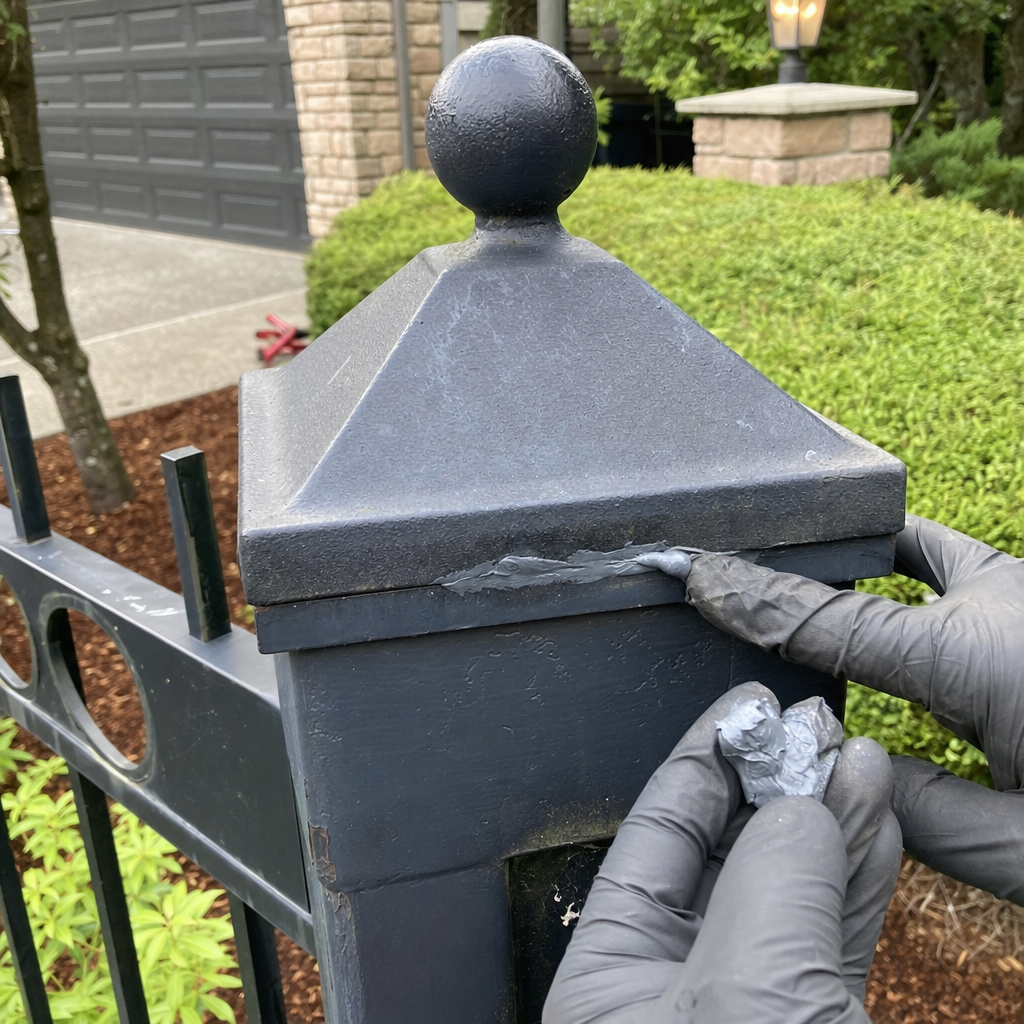 professional repairing a metal gate post with epoxy putty