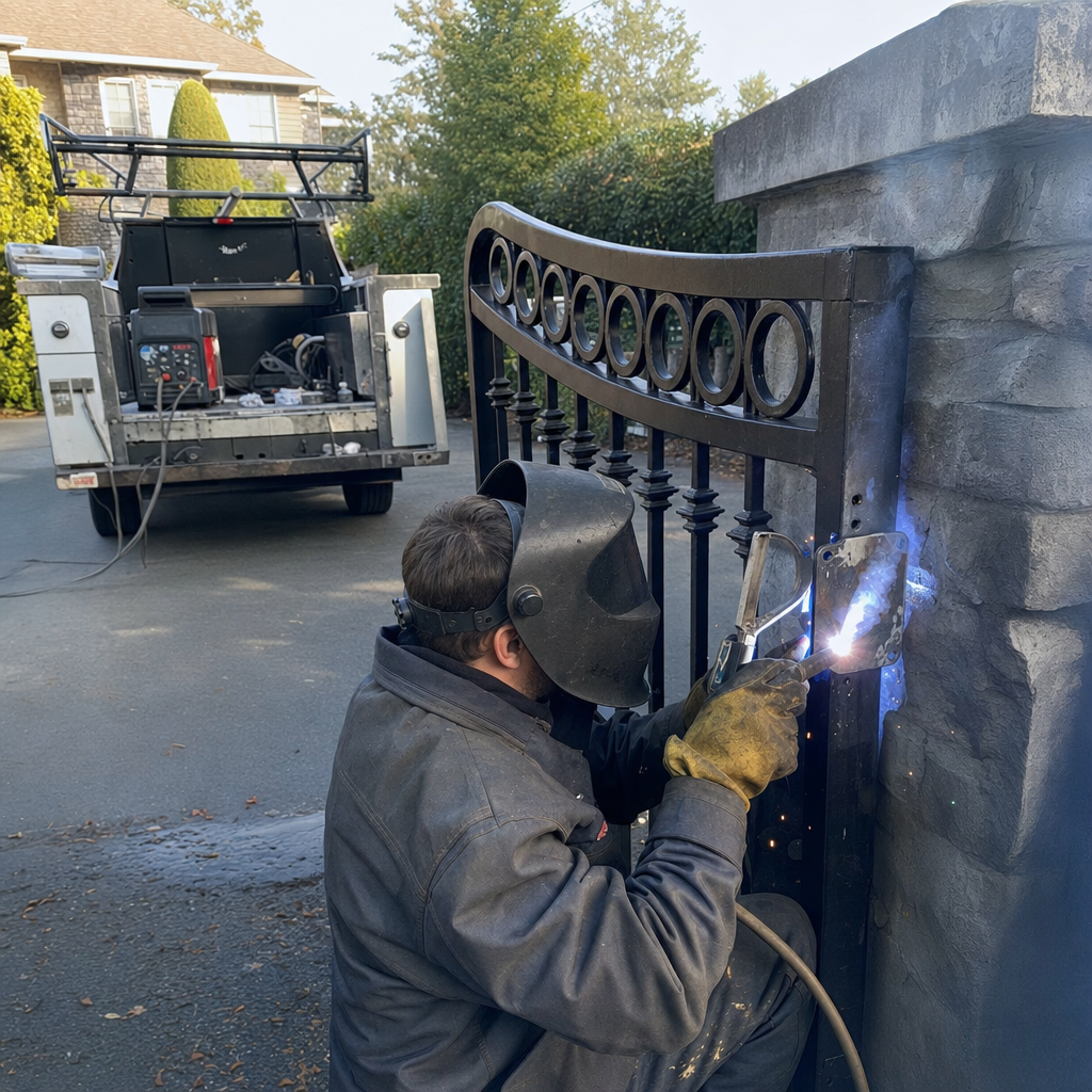 Professional welder performing metal gate repair and structural reinforcement