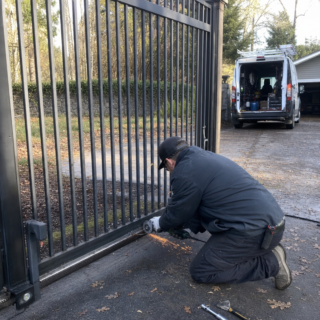 Technician using an angle grinder for professional metal gate repair